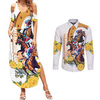 Melbourne Cup Australia Couples Matching Summer Maxi Dress and Long Sleeve Button Shirt Horse Racing Horseshoe Mix Yellow Roses LT14