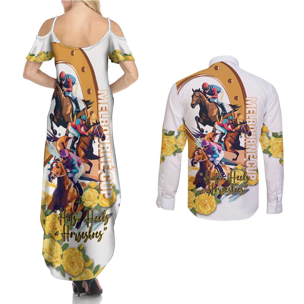 Melbourne Cup Australia Couples Matching Summer Maxi Dress and Long Sleeve Button Shirt Horse Racing Horseshoe Mix Yellow Roses LT14