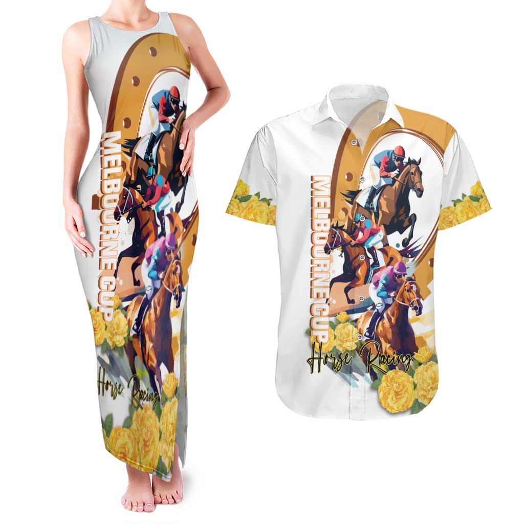 Melbourne Cup Australia Couples Matching Tank Maxi Dress and Hawaiian Shirt Horse Racing Horseshoe Mix Yellow Roses LT14