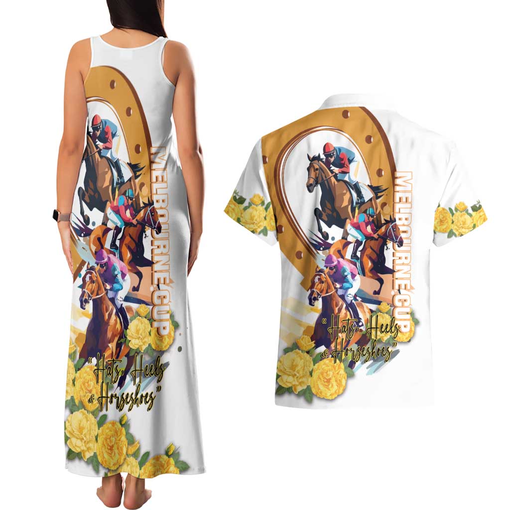Melbourne Cup Australia Couples Matching Tank Maxi Dress and Hawaiian Shirt Horse Racing Horseshoe Mix Yellow Roses LT14