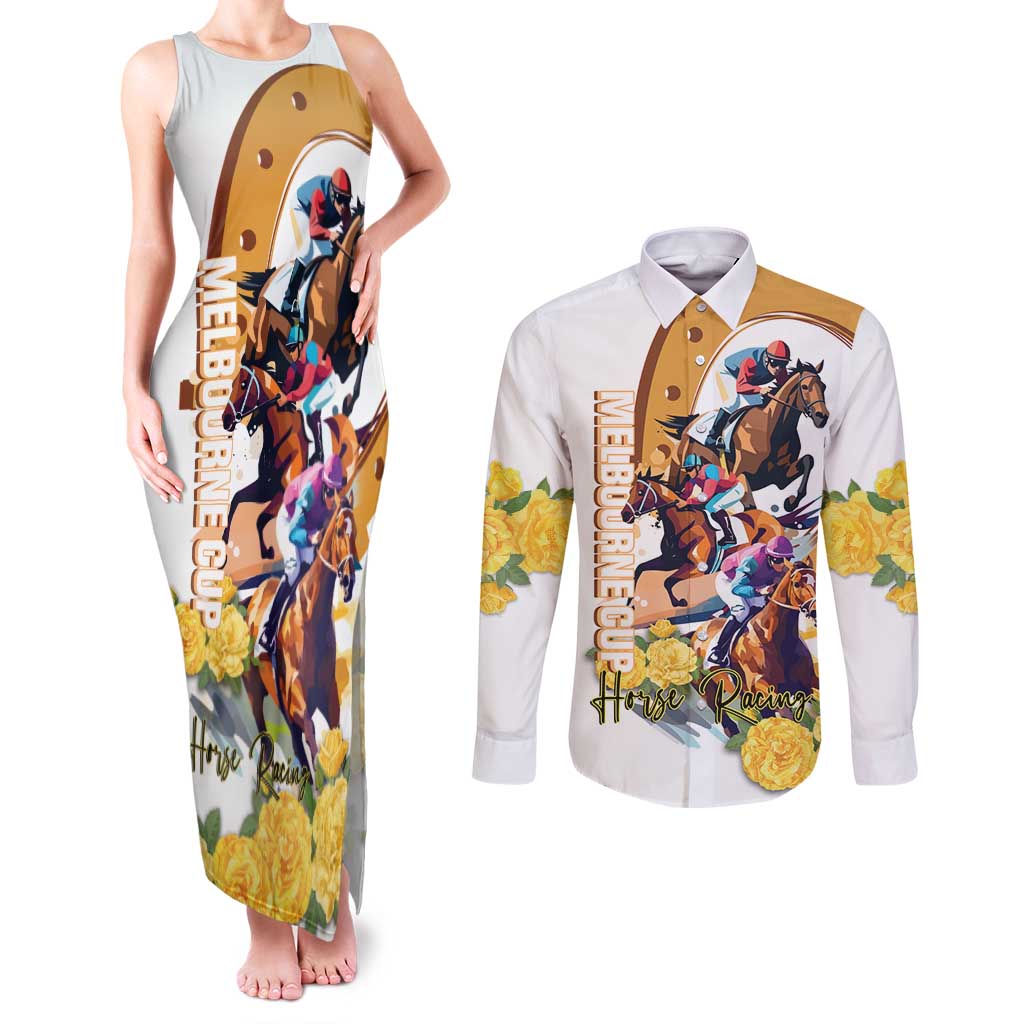 Melbourne Cup Australia Couples Matching Tank Maxi Dress and Long Sleeve Button Shirt Horse Racing Horseshoe Mix Yellow Roses LT14