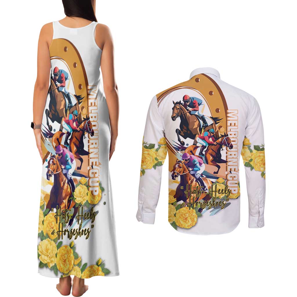 Melbourne Cup Australia Couples Matching Tank Maxi Dress and Long Sleeve Button Shirt Horse Racing Horseshoe Mix Yellow Roses LT14