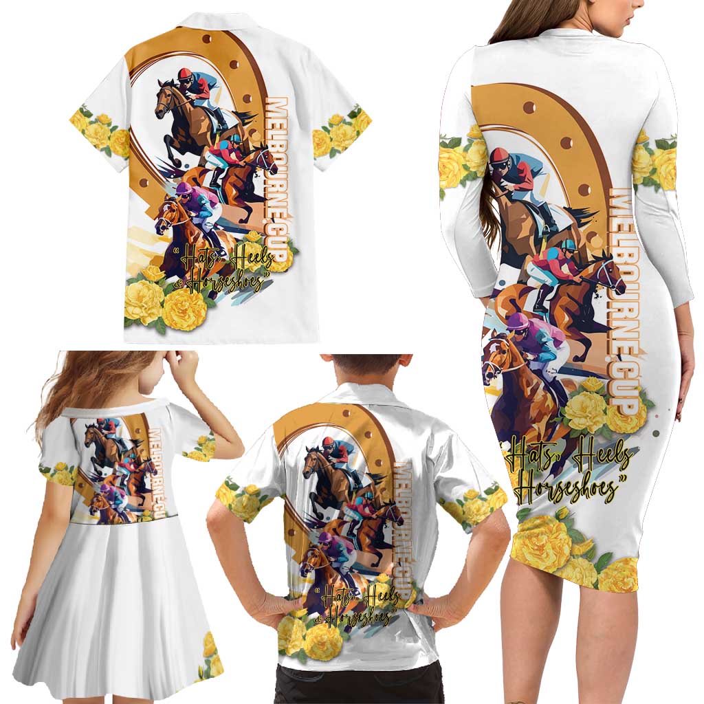 Melbourne Cup Australia Family Matching Long Sleeve Bodycon Dress and Hawaiian Shirt Horse Racing Horseshoe Mix Yellow Roses LT14