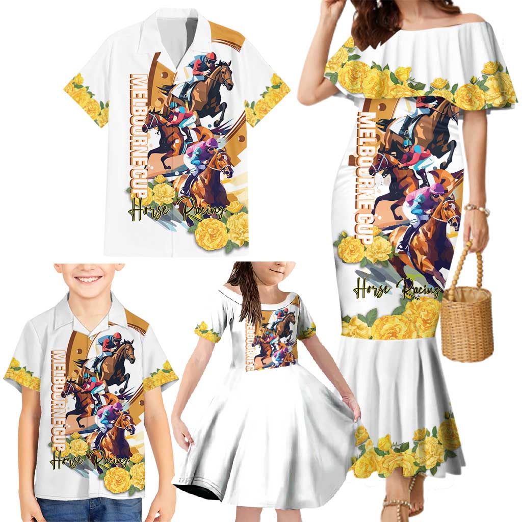 Melbourne Cup Australia Family Matching Mermaid Dress and Hawaiian Shirt Horse Racing Horseshoe Mix Yellow Roses LT14