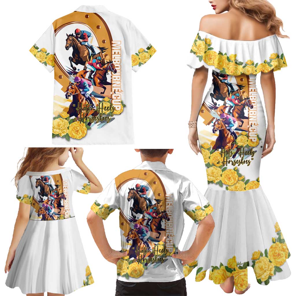 Melbourne Cup Australia Family Matching Mermaid Dress and Hawaiian Shirt Horse Racing Horseshoe Mix Yellow Roses LT14