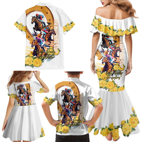 Melbourne Cup Australia Family Matching Mermaid Dress and Hawaiian Shirt Horse Racing Horseshoe Mix Yellow Roses LT14