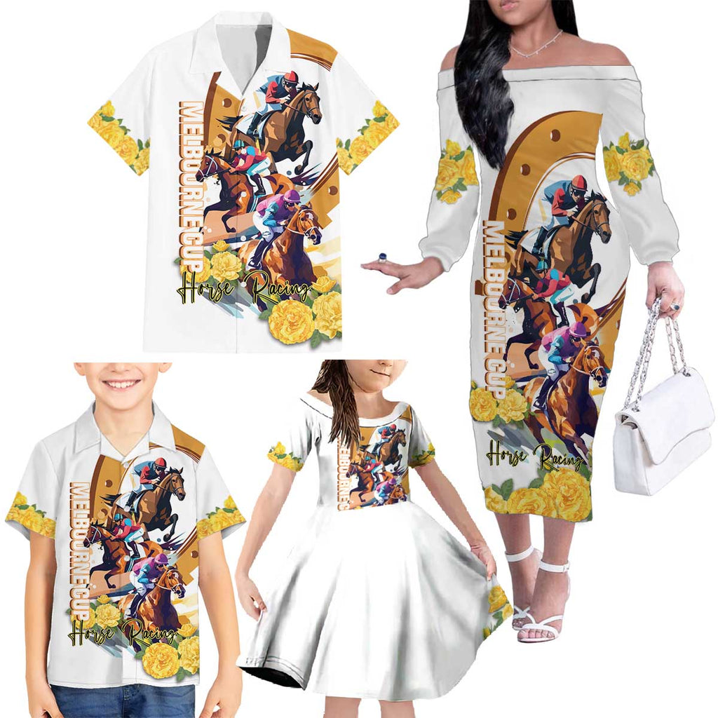 Melbourne Cup Australia Family Matching Off The Shoulder Long Sleeve Dress and Hawaiian Shirt Horse Racing Horseshoe Mix Yellow Roses LT14