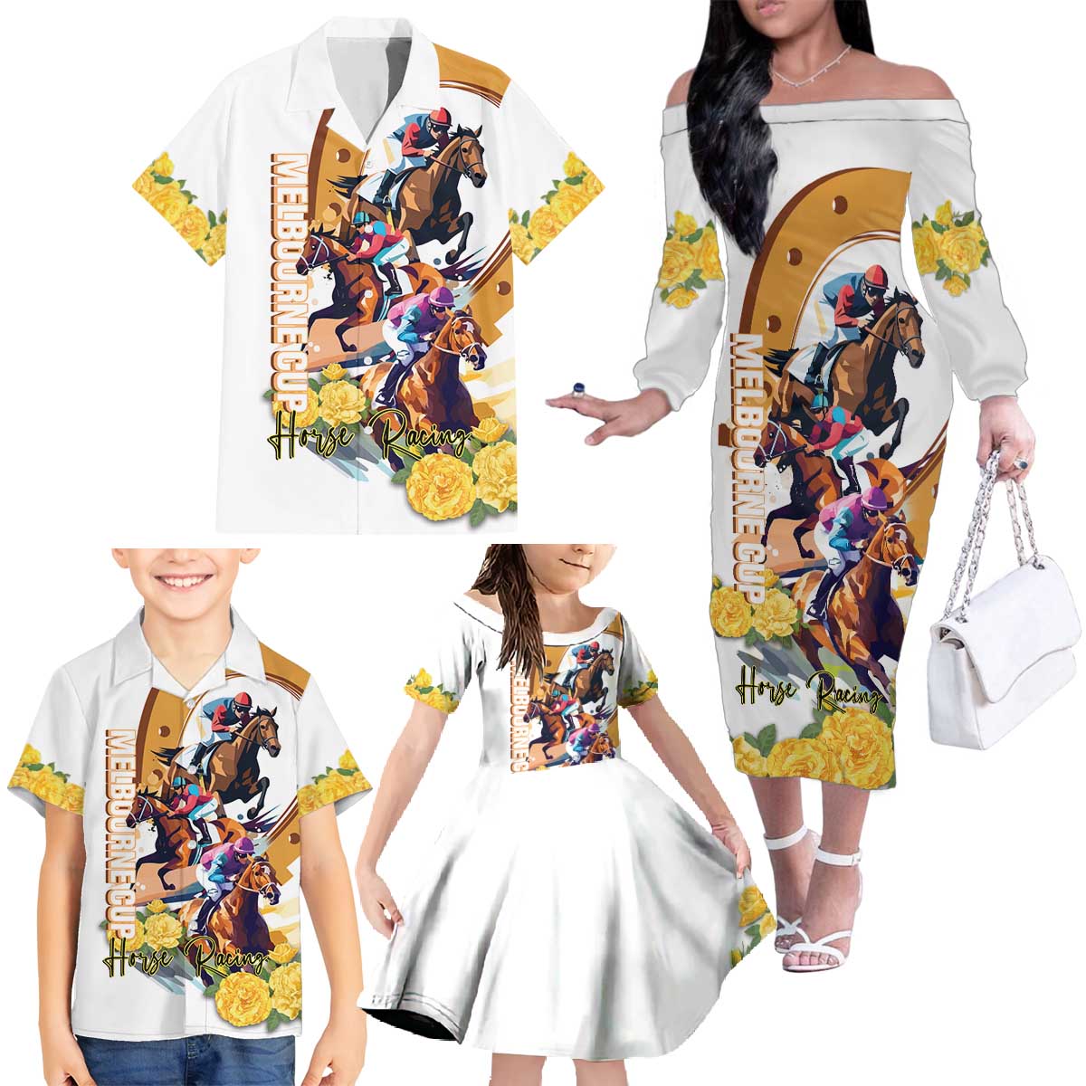 Melbourne Cup Australia Family Matching Off The Shoulder Long Sleeve Dress and Hawaiian Shirt Horse Racing Horseshoe Mix Yellow Roses LT14