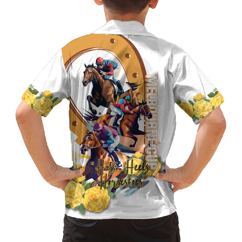 Melbourne Cup Australia Family Matching Off The Shoulder Long Sleeve Dress and Hawaiian Shirt Horse Racing Horseshoe Mix Yellow Roses LT14