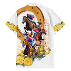 Melbourne Cup Australia Family Matching Off The Shoulder Long Sleeve Dress and Hawaiian Shirt Horse Racing Horseshoe Mix Yellow Roses LT14