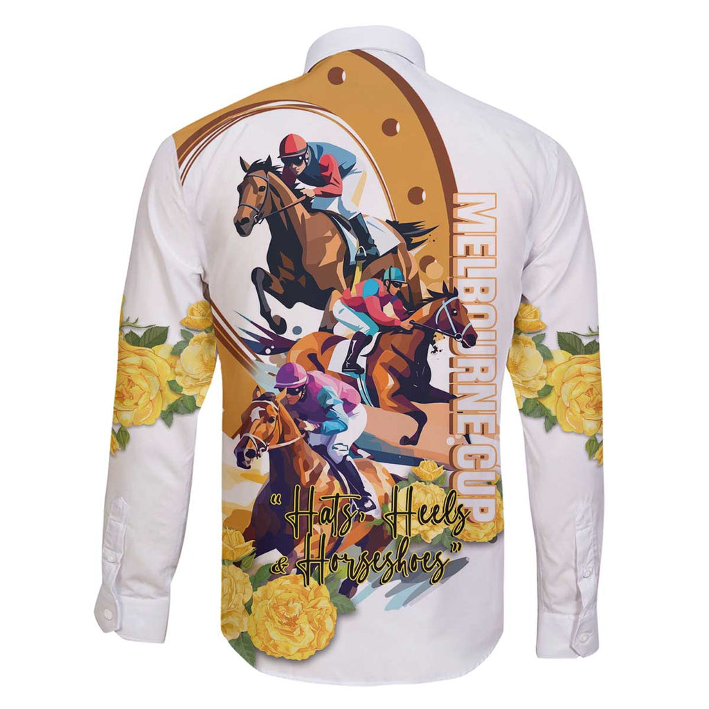 Melbourne Cup Australia Family Matching Off The Shoulder Long Sleeve Dress and Hawaiian Shirt Horse Racing Horseshoe Mix Yellow Roses LT14