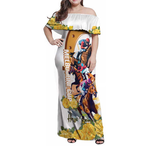 Melbourne Cup Australia Family Matching Off Shoulder Maxi Dress and Hawaiian Shirt Horse Racing Horseshoe Mix Yellow Roses LT14