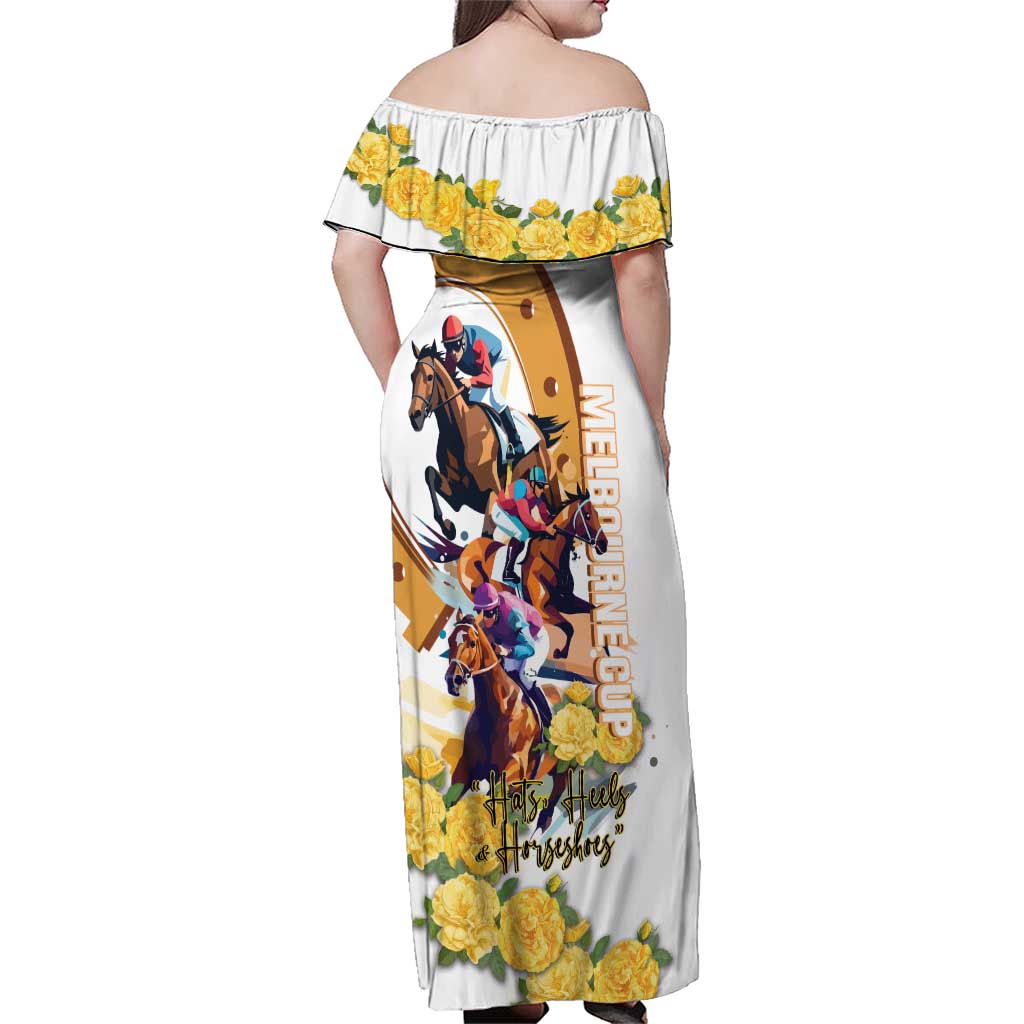 Melbourne Cup Australia Family Matching Off Shoulder Maxi Dress and Hawaiian Shirt Horse Racing Horseshoe Mix Yellow Roses LT14