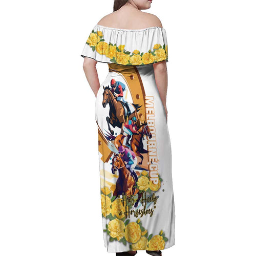 Melbourne Cup Australia Family Matching Off Shoulder Maxi Dress and Hawaiian Shirt Horse Racing Horseshoe Mix Yellow Roses LT14