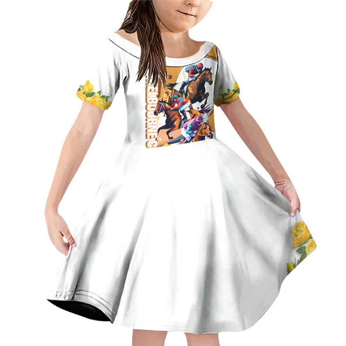 Melbourne Cup Australia Family Matching Off Shoulder Short Dress and Hawaiian Shirt Horse Racing Horseshoe Mix Yellow Roses LT14
