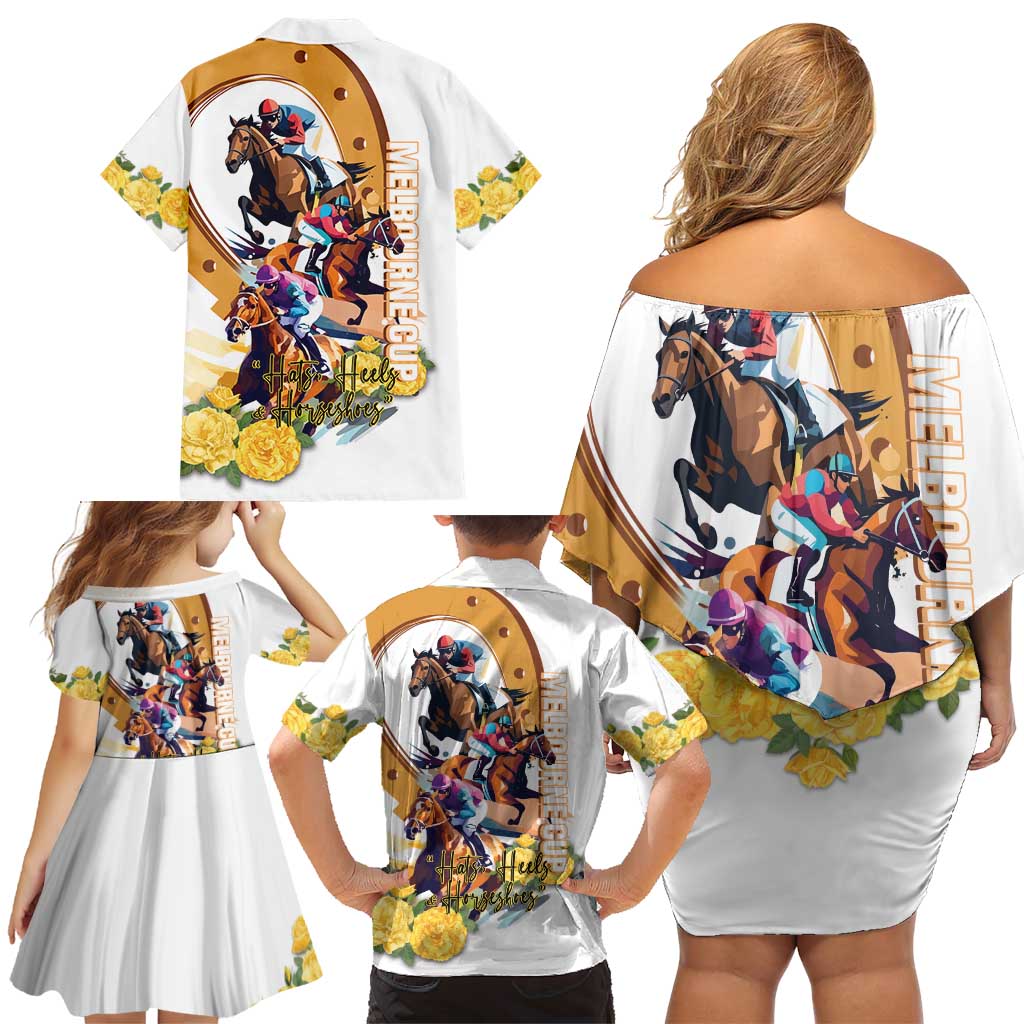Melbourne Cup Australia Family Matching Off Shoulder Short Dress and Hawaiian Shirt Horse Racing Horseshoe Mix Yellow Roses LT14