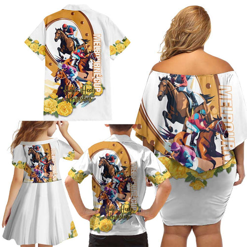 Melbourne Cup Australia Family Matching Off Shoulder Short Dress and Hawaiian Shirt Horse Racing Horseshoe Mix Yellow Roses LT14