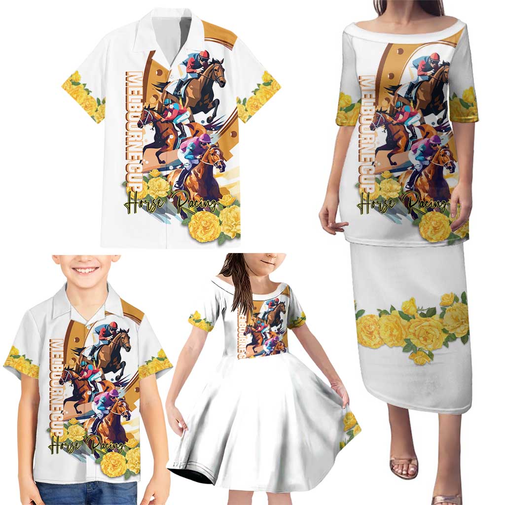 Melbourne Cup Australia Family Matching Puletasi and Hawaiian Shirt Horse Racing Horseshoe Mix Yellow Roses LT14