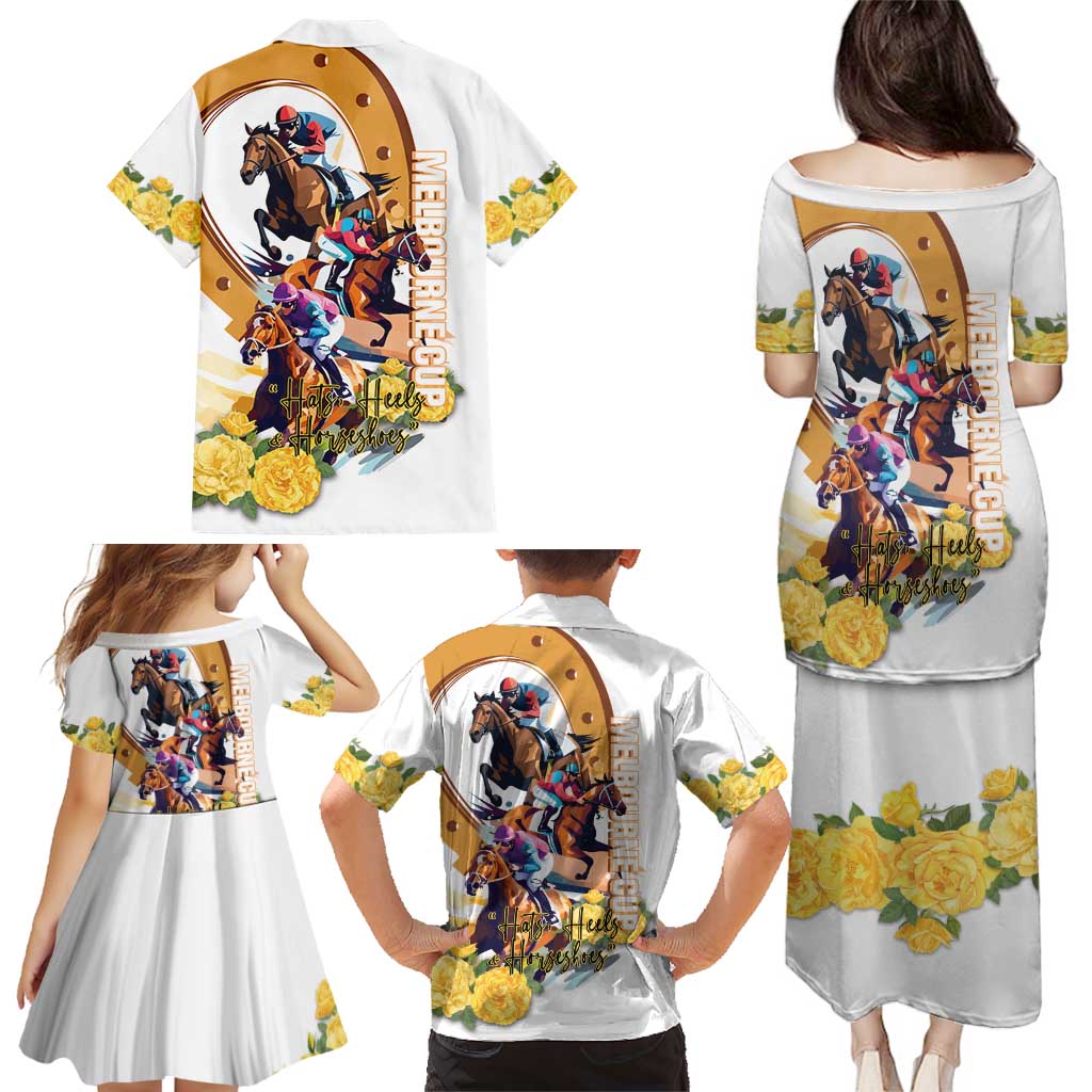Melbourne Cup Australia Family Matching Puletasi and Hawaiian Shirt Horse Racing Horseshoe Mix Yellow Roses LT14