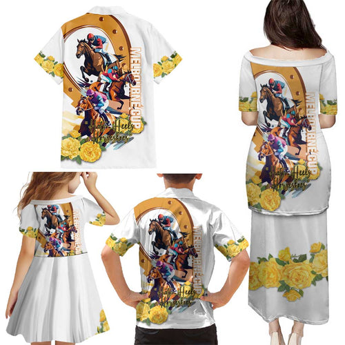 Melbourne Cup Australia Family Matching Puletasi and Hawaiian Shirt Horse Racing Horseshoe Mix Yellow Roses LT14