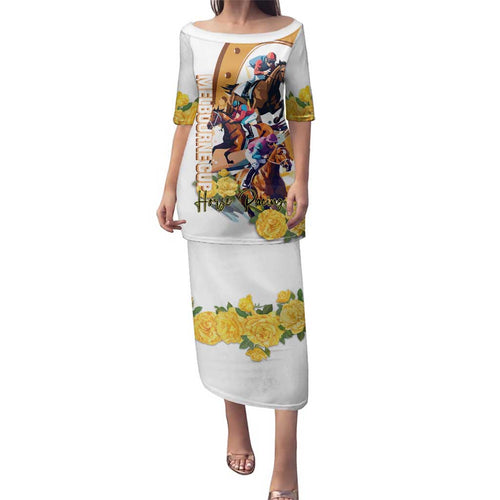 Melbourne Cup Australia Family Matching Puletasi and Hawaiian Shirt Horse Racing Horseshoe Mix Yellow Roses LT14
