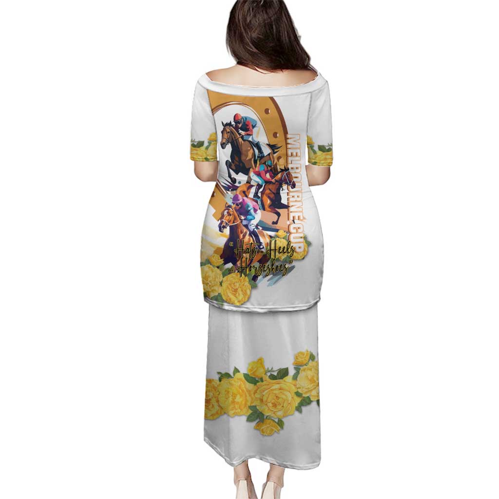 Melbourne Cup Australia Family Matching Puletasi and Hawaiian Shirt Horse Racing Horseshoe Mix Yellow Roses LT14