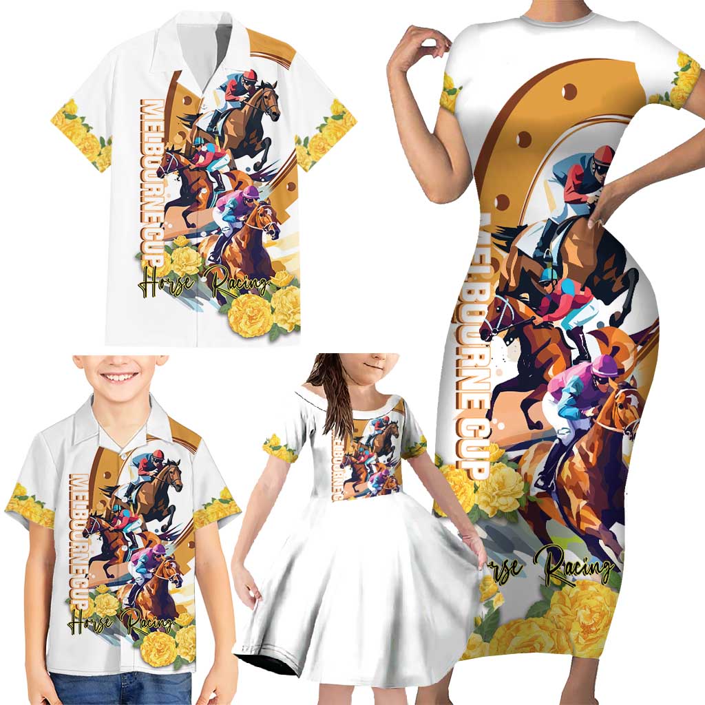 Melbourne Cup Australia Family Matching Short Sleeve Bodycon Dress and Hawaiian Shirt Horse Racing Horseshoe Mix Yellow Roses LT14