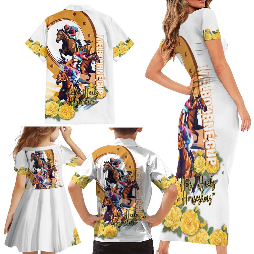 Melbourne Cup Australia Family Matching Short Sleeve Bodycon Dress and Hawaiian Shirt Horse Racing Horseshoe Mix Yellow Roses LT14