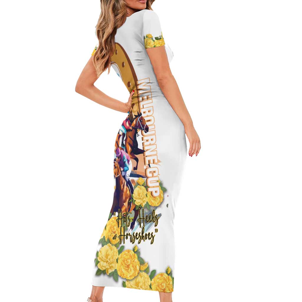 Melbourne Cup Australia Family Matching Short Sleeve Bodycon Dress and Hawaiian Shirt Horse Racing Horseshoe Mix Yellow Roses LT14