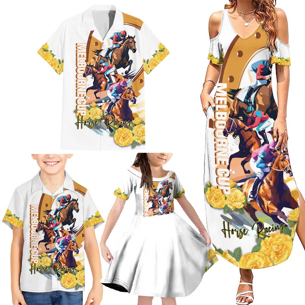 Melbourne Cup Australia Family Matching Summer Maxi Dress and Hawaiian Shirt Horse Racing Horseshoe Mix Yellow Roses LT14