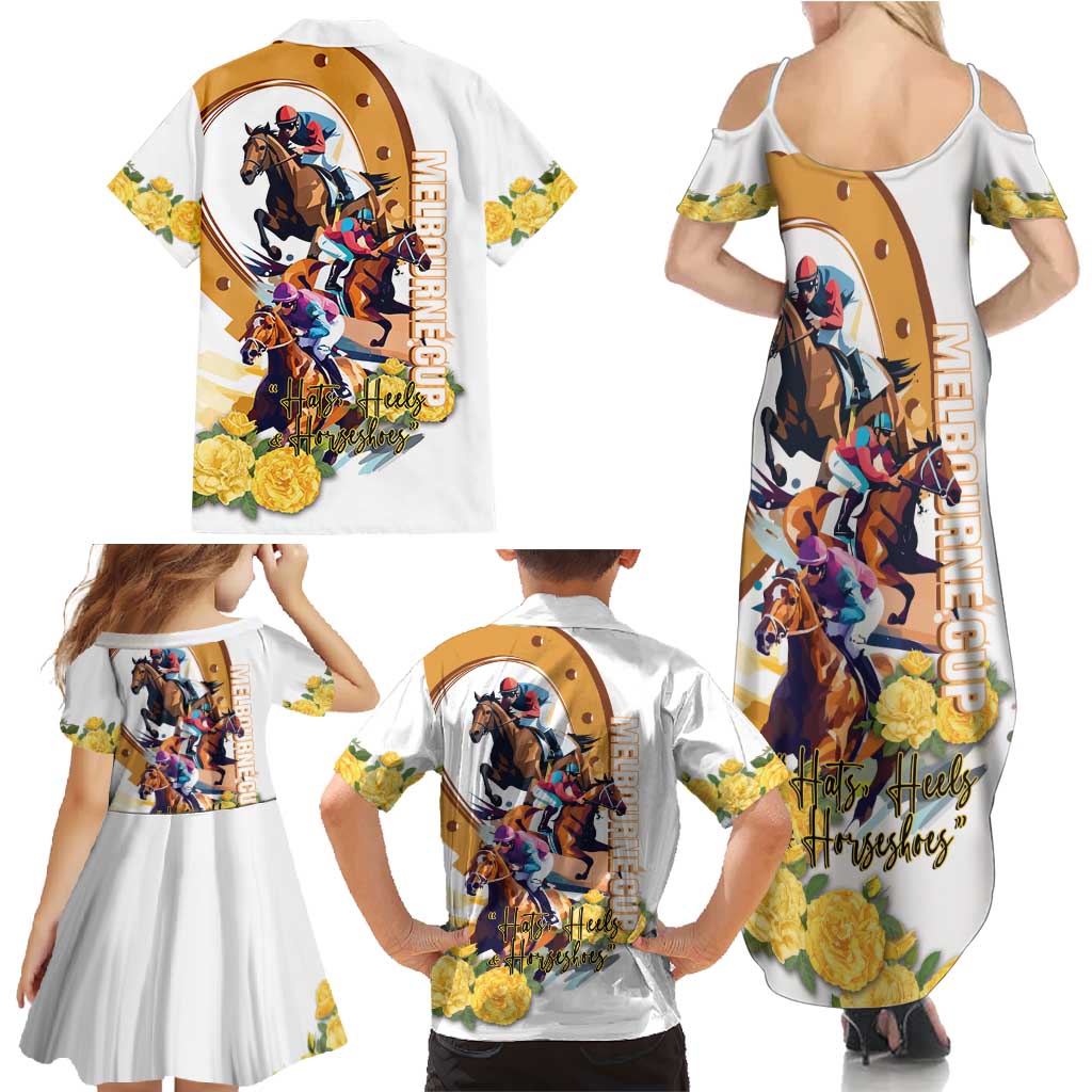 Melbourne Cup Australia Family Matching Summer Maxi Dress and Hawaiian Shirt Horse Racing Horseshoe Mix Yellow Roses LT14