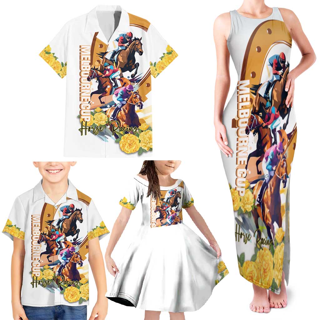 Melbourne Cup Australia Family Matching Tank Maxi Dress and Hawaiian Shirt Horse Racing Horseshoe Mix Yellow Roses LT14