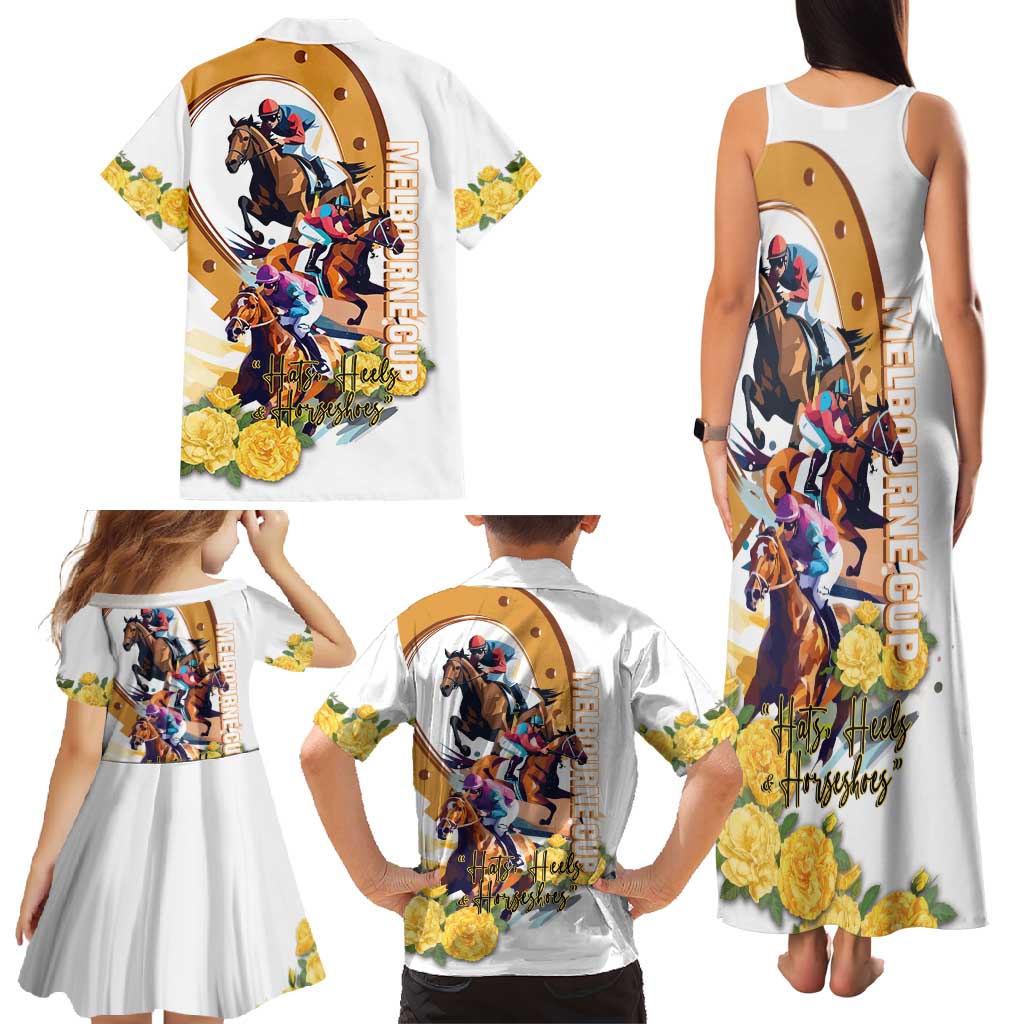 Melbourne Cup Australia Family Matching Tank Maxi Dress and Hawaiian Shirt Horse Racing Horseshoe Mix Yellow Roses LT14