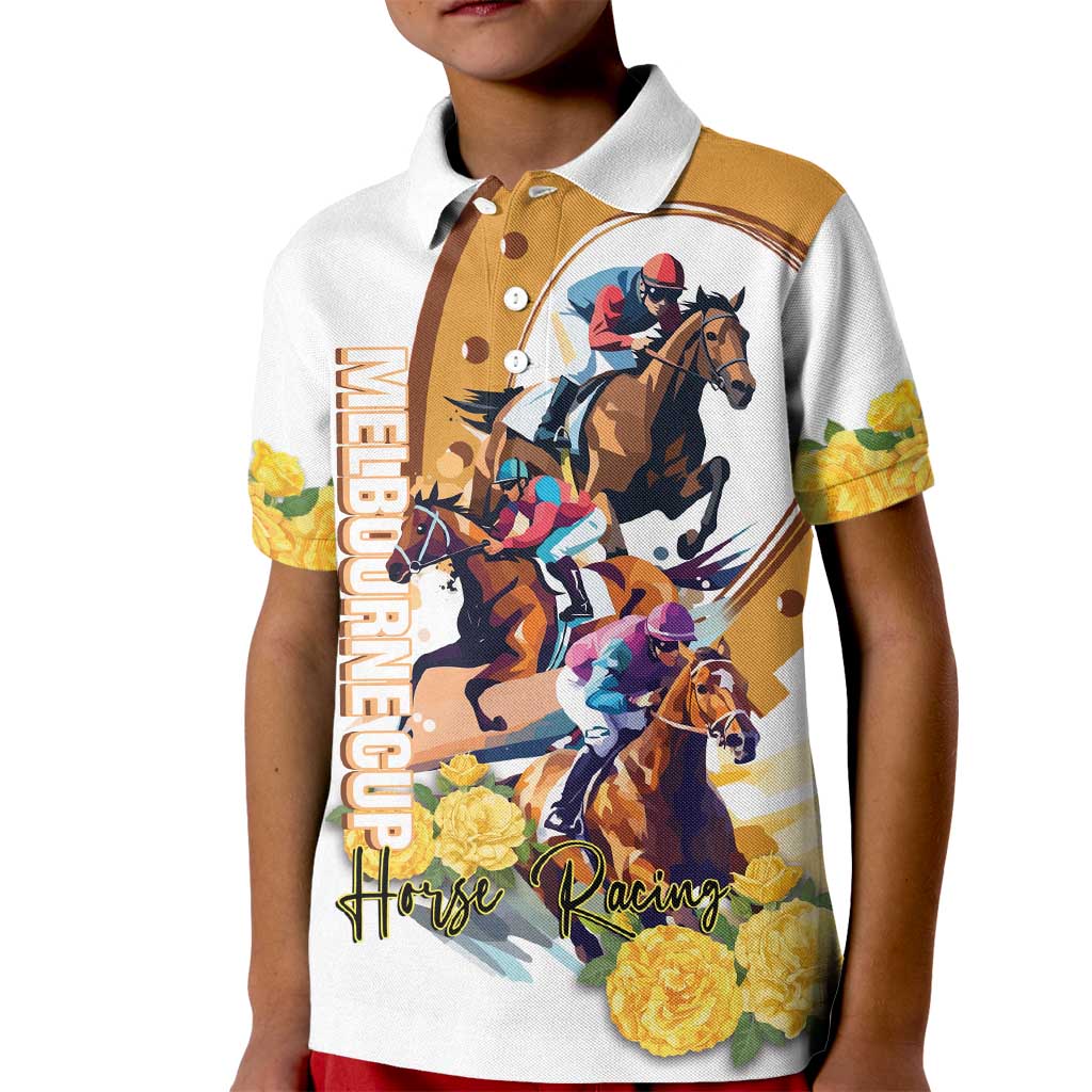 Melbourne Cup Australia Kid Polo Shirt Horse Racing Horseshoe Mix Yellow Roses LT14