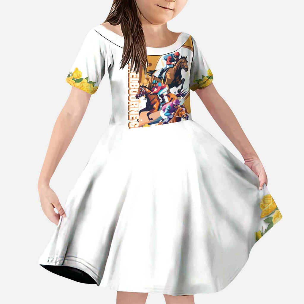 Melbourne Cup Australia Kid Short Sleeve Dress Horse Racing Horseshoe Mix Yellow Roses LT14