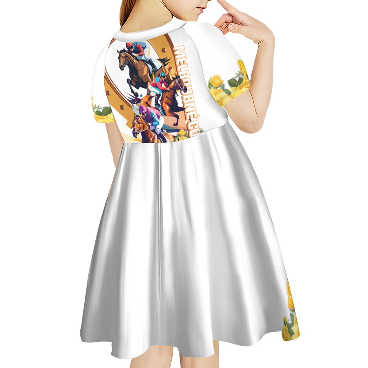 Melbourne Cup Australia Kid Short Sleeve Dress Horse Racing Horseshoe Mix Yellow Roses LT14