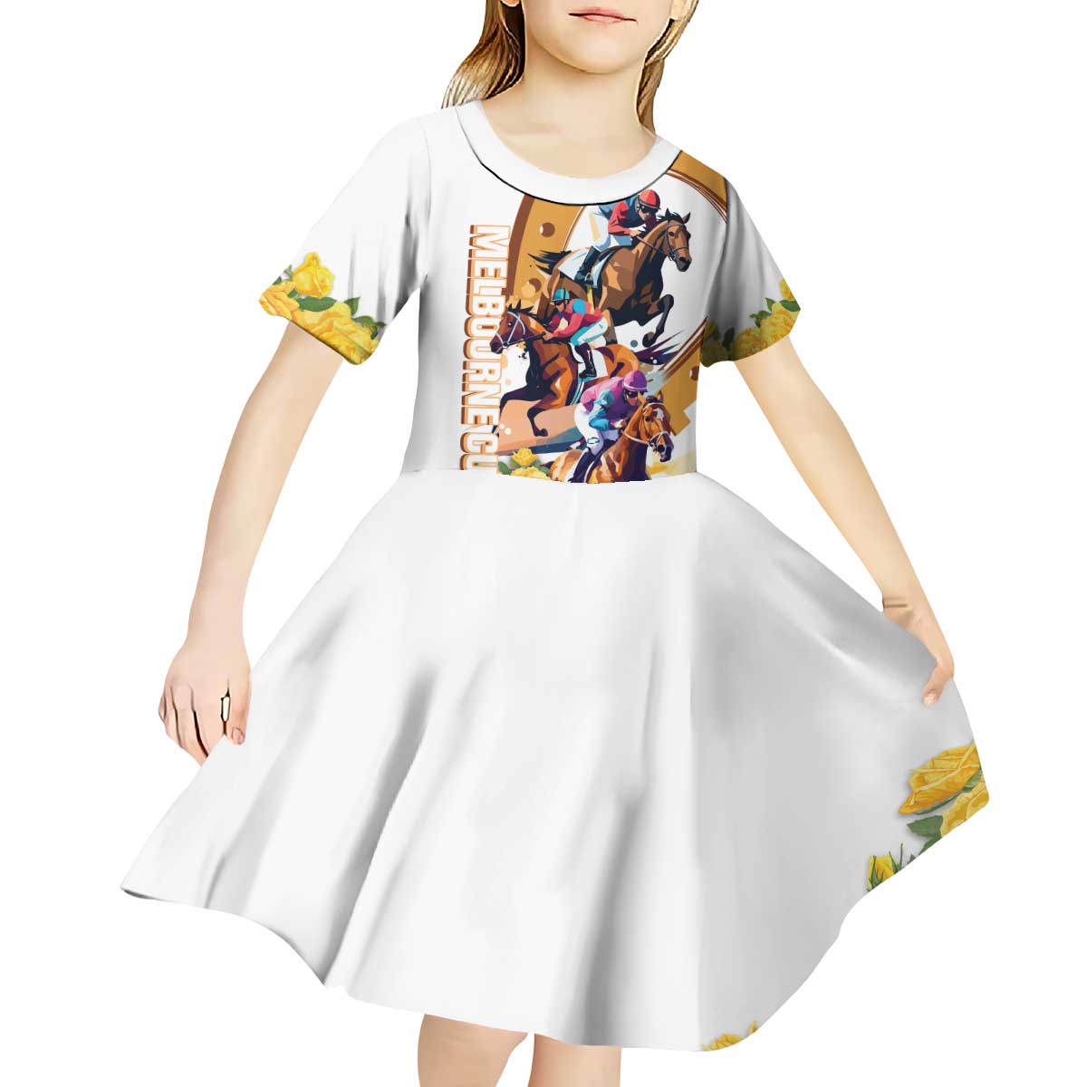 Melbourne Cup Australia Kid Short Sleeve Dress Horse Racing Horseshoe Mix Yellow Roses LT14