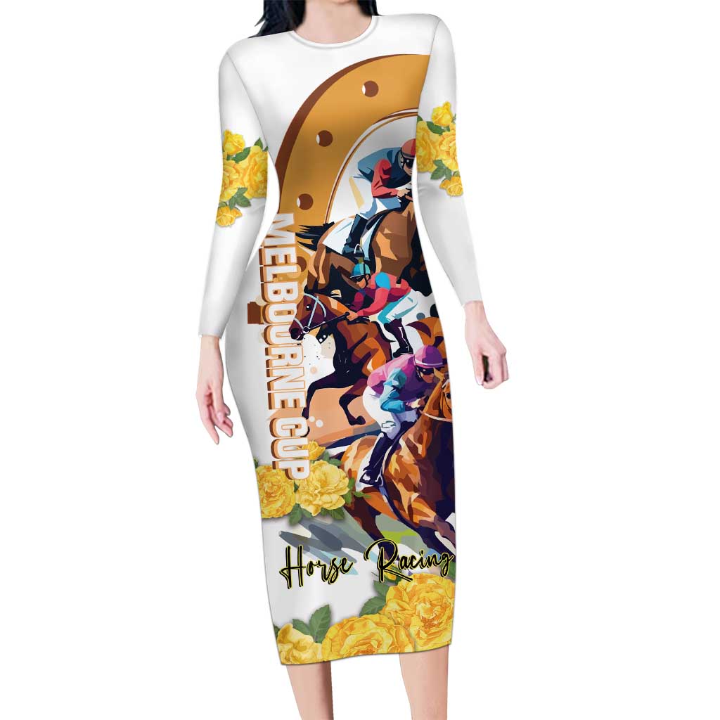 Melbourne Cup Australia Long Sleeve Bodycon Dress Horse Racing Horseshoe Mix Yellow Roses LT14