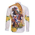 Melbourne Cup Australia Long Sleeve Button Shirt Horse Racing Horseshoe Mix Yellow Roses LT14