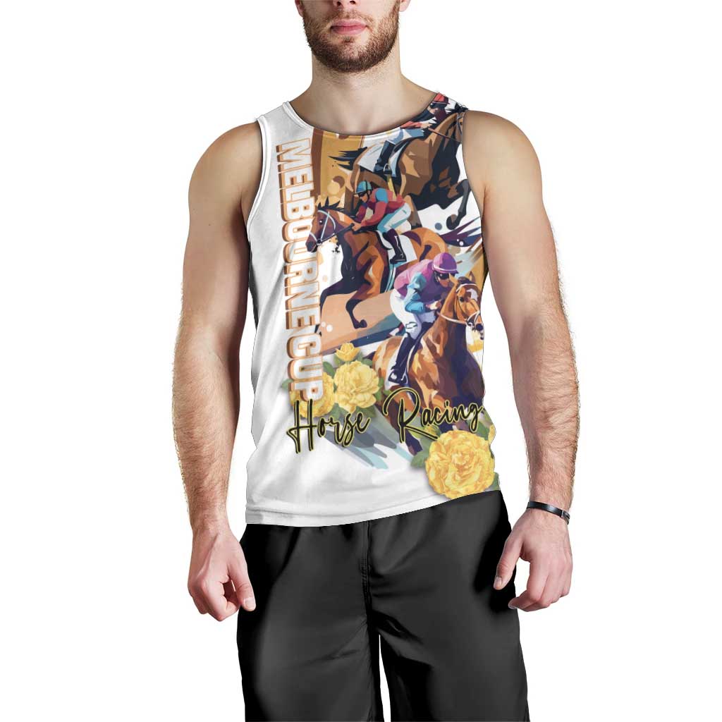 Melbourne Cup Australia Men Tank Top Horse Racing Horseshoe Mix Yellow Roses LT14