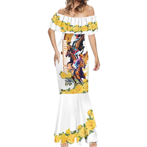 Melbourne Cup Australia Mermaid Dress Horse Racing Horseshoe Mix Yellow Roses LT14
