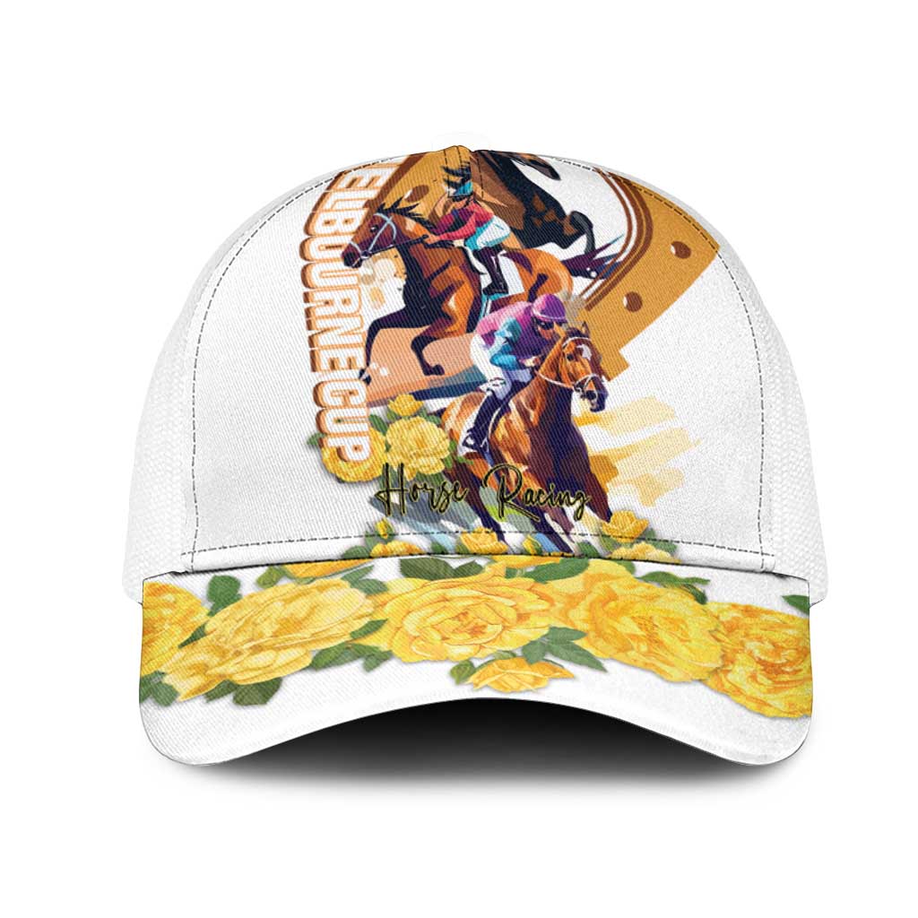 Melbourne Cup Australia Mesh Trucker Cap Horse Racing Horseshoe Mix Yellow Roses - Aussie Hoodie