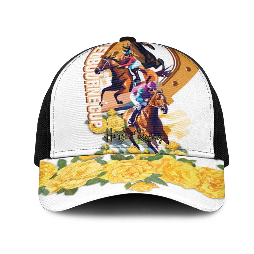 Melbourne Cup Australia Mesh Trucker Cap Horse Racing Horseshoe Mix Yellow Roses - Aussie Hoodie