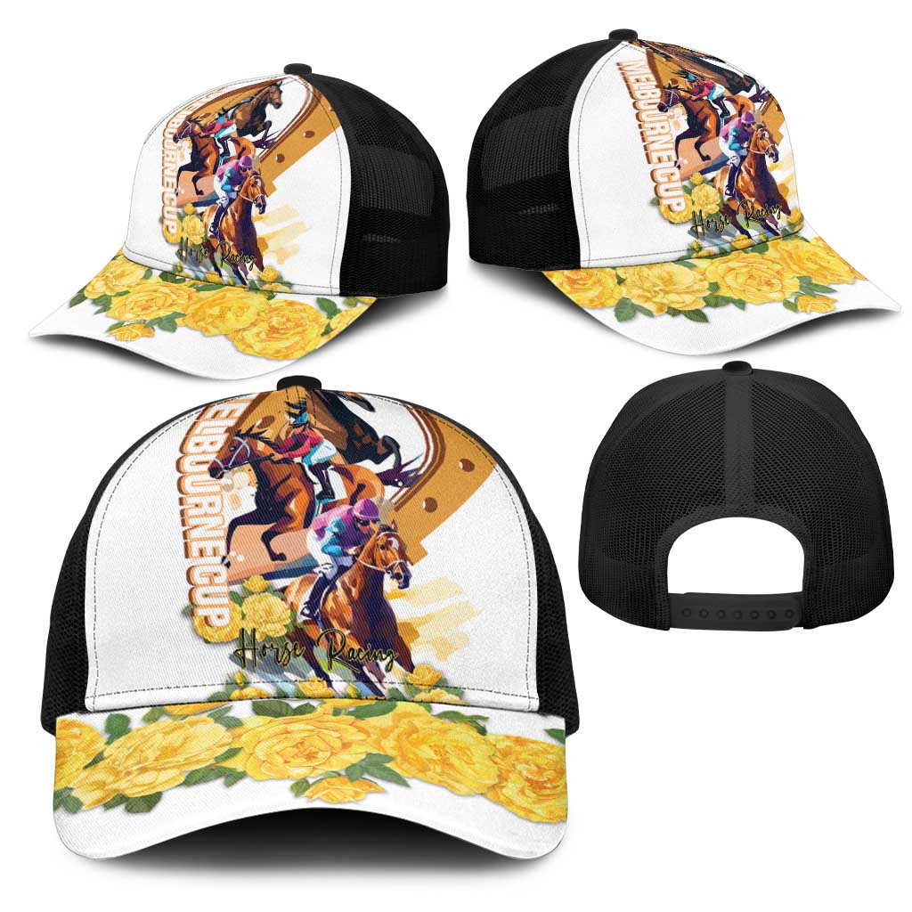 Melbourne Cup Australia Mesh Trucker Cap Horse Racing Horseshoe Mix Yellow Roses - Aussie Hoodie