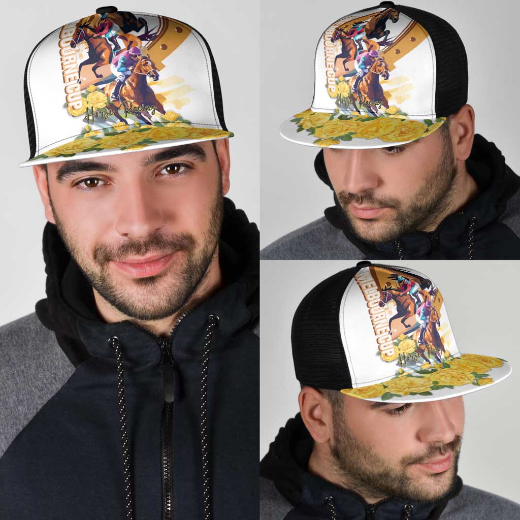 Melbourne Cup Australia Mesh Trucker Cap Horse Racing Horseshoe Mix Yellow Roses - Aussie Hoodie