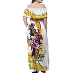 Melbourne Cup Australia Off Shoulder Maxi Dress Horse Racing Horseshoe Mix Yellow Roses LT14