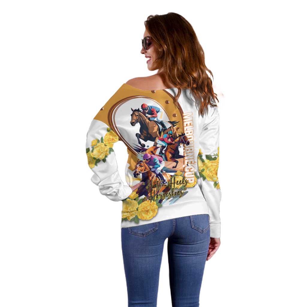 Melbourne Cup Australia Off Shoulder Sweater Horse Racing Horseshoe Mix Yellow Roses LT14