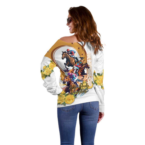 Melbourne Cup Australia Off Shoulder Sweater Horse Racing Horseshoe Mix Yellow Roses LT14
