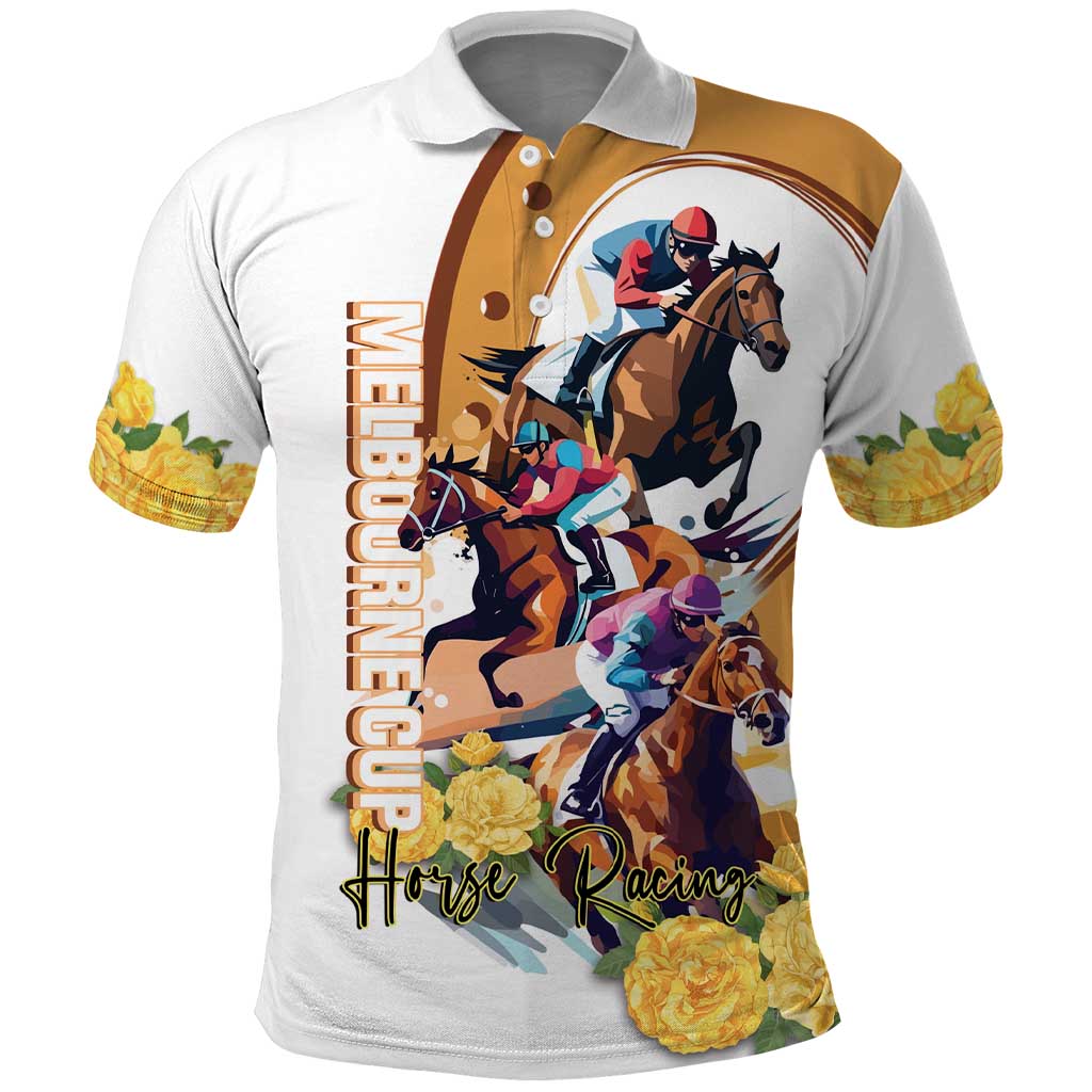 Melbourne Cup Australia Polo Shirt Horse Racing Horseshoe Mix Yellow Roses LT14