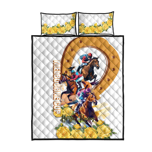 Melbourne Cup Australia Quilt Bed Set Horse Racing Horseshoe Mix Yellow Roses LT14